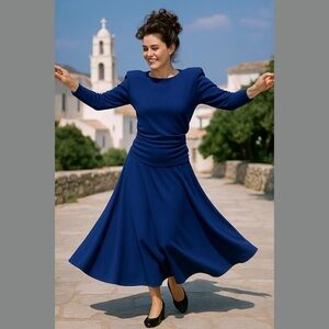 80s 2PC ANN TAYLOR WOOL BLUE KNIT RUCHED TOP & CIRCLE MIDI SKIRT MINIMALIST SZ S